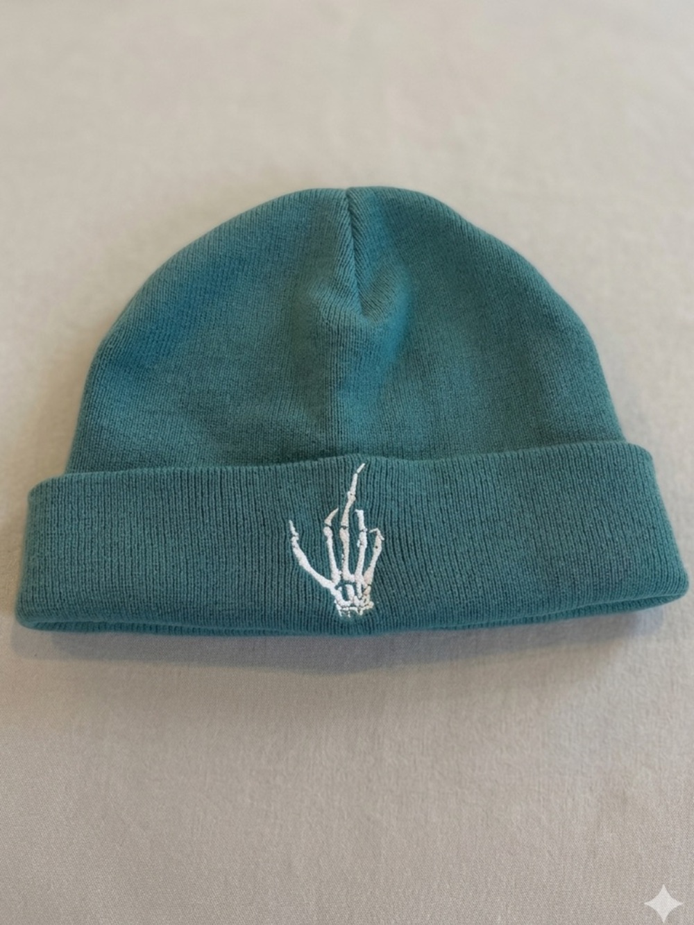 Teal Blue Knit Beanie with Skeleton Hand Middle Finger Embroidery